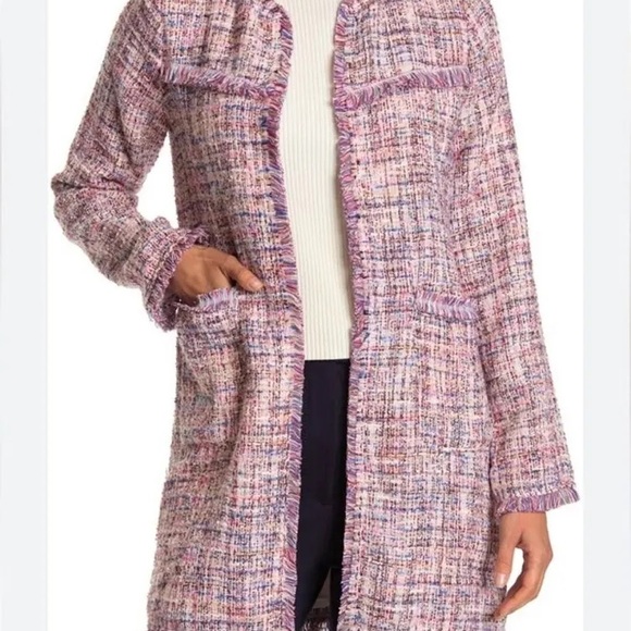NWT- Laundry by Shelli Segal Boucle Fringe Jacket - Pink Tweed Coat - Medium - Picture 2 of 7